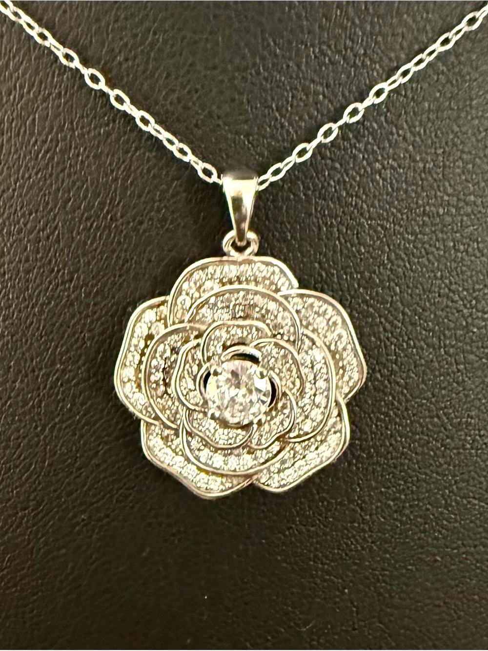 Cote d’Argent 925 Sterling Silver CZ Crystal Rose Flower Pendant Necklace
